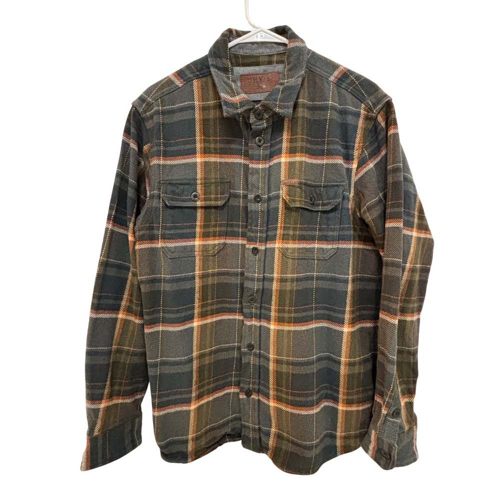 Orvis Classic Collection Mens Large‎ Plaid Flannel Shirt Green Orange Cotton L/G